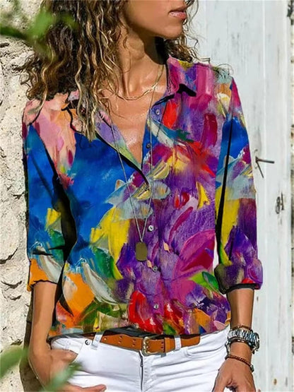Cherry | Women's Geometric Print Long Sleeve Button Down Shirt – Long Sleeve, Classic