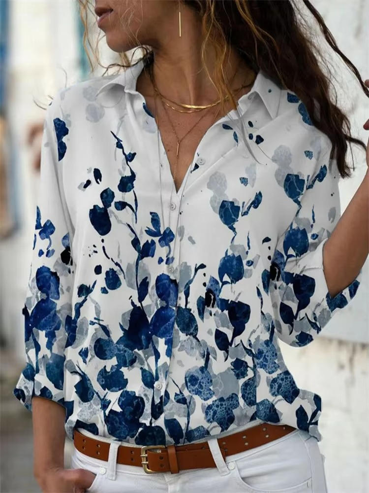 Cherry | Women's Geometric Print Long Sleeve Button Down Shirt – Long Sleeve, Classic