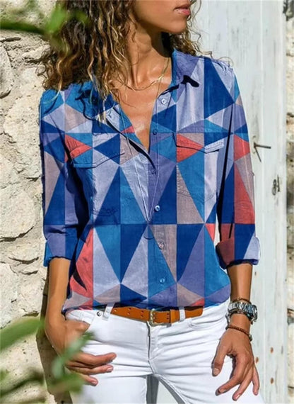 Cherry | Women's Geometric Print Long Sleeve Button Down Shirt – Long Sleeve, Classic