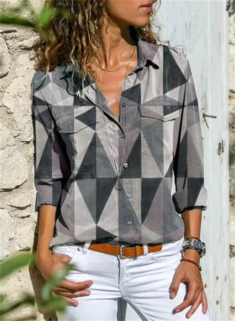 Cherry | Women's Geometric Print Long Sleeve Button Down Shirt – Long Sleeve, Classic