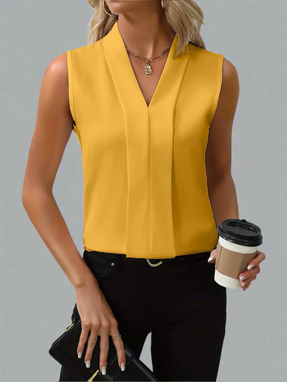 Janice | Women's V-Neck Sleeveless Pleated Front Blouse Top – V-Neck, Sleeveless