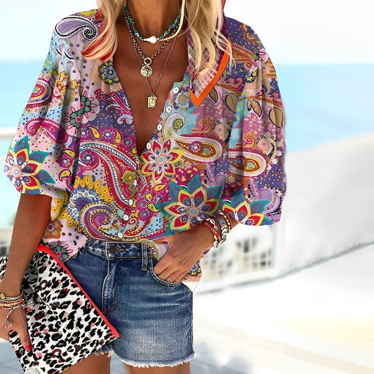 Amber | Women's Boho Paisley Print Button-Up Blouse – Boho, Casual
