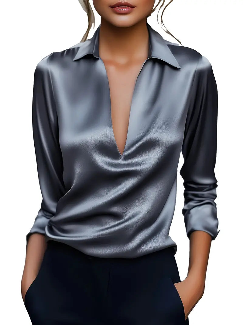 Kathy | Women's Premium V-Neck Satin Blouse – V-Neck, Satin