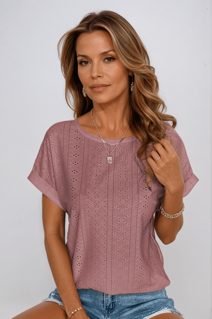 Harper | Women's Eyelet Embroidered Crew Neck Short Sleeve Top – Short Sleeve