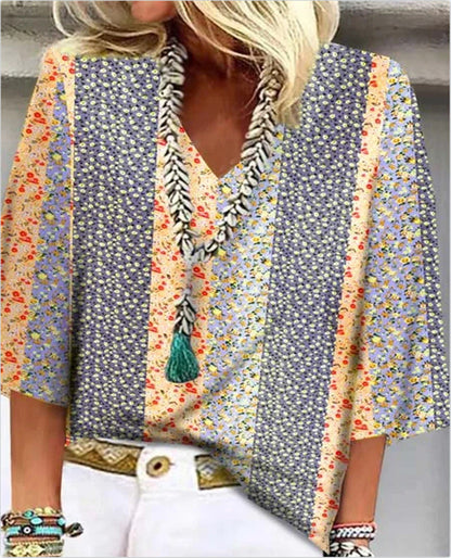 Noy | Women's Ditsy Floral Patchwork V-Neck 3/4 Sleeve Top – Floral Print, V-Neck