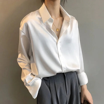 Sylvia | Women's Satin Button-Down Blouse Long Sleeve Collar Shirt – Long Sleeve, Satin