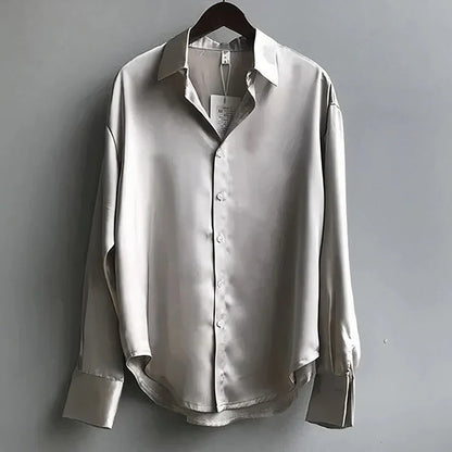 Sylvia | Women's Satin Button-Down Blouse Long Sleeve Collar Shirt – Long Sleeve, Satin