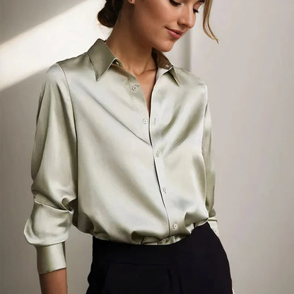 Sylvia | Women's Satin Button-Down Blouse Long Sleeve Collar Shirt – Long Sleeve, Satin