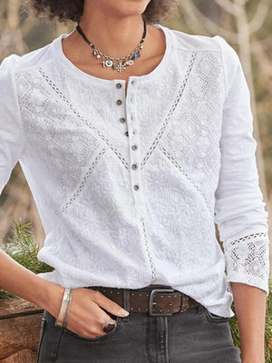 Laura | Women's Lace Panel Henley Long Sleeve Casual Top – Lace Detail, Long Sleeve