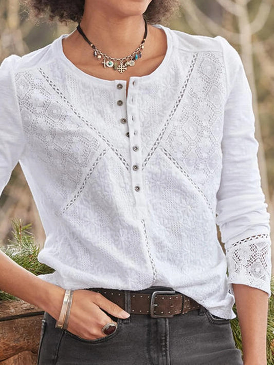 Laura | Women's Lace Panel Henley Long Sleeve Casual Top – Lace Detail, Long Sleeve