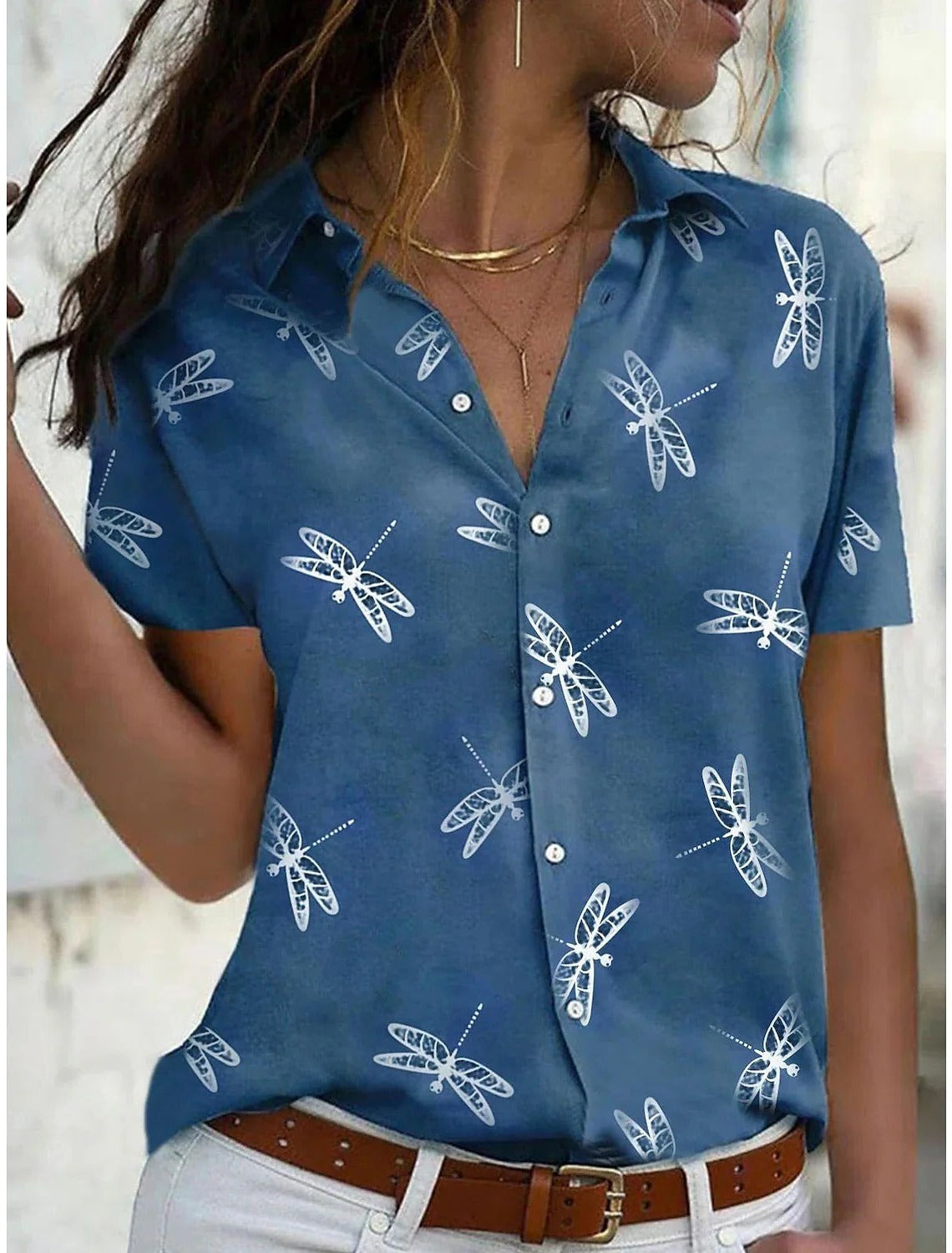 Toni | Women's Dragonfly Print Short Sleeve Button-Down Shirt Top – Short Sleeve, Classic