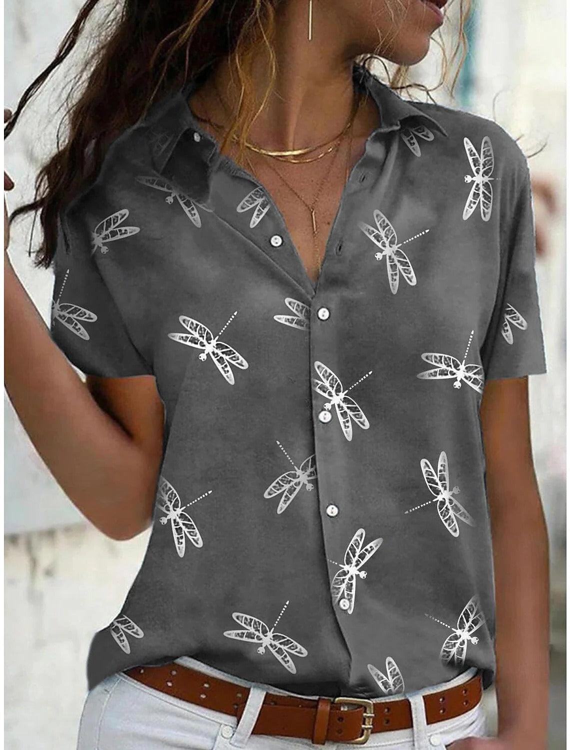 Toni | Women's Dragonfly Print Short Sleeve Button-Down Shirt Top – Short Sleeve, Classic