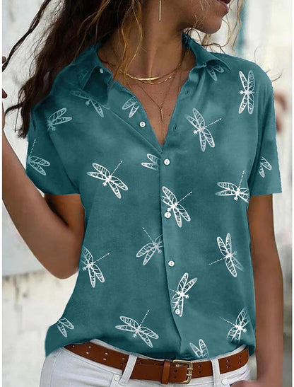 Toni | Women's Dragonfly Print Short Sleeve Button-Down Shirt Top – Short Sleeve, Classic