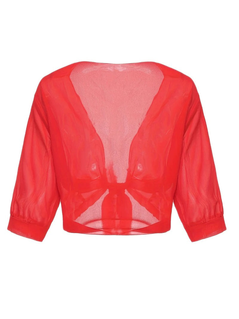 Anne | Women's Tie Front Sheer Blouse Open Front 3/4 Sleeve Top – Casual
