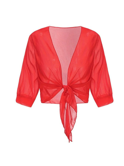 Anne | Women's Tie Front Sheer Blouse Open Front 3/4 Sleeve Top – Casual