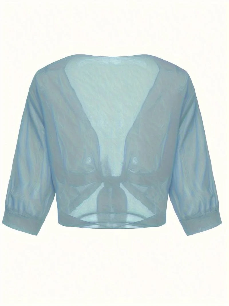 Anne | Women's Tie Front Sheer Blouse Open Front 3/4 Sleeve Top – Casual
