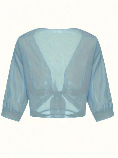 Anne | Women's Tie Front Sheer Blouse Open Front 3/4 Sleeve Top – Casual