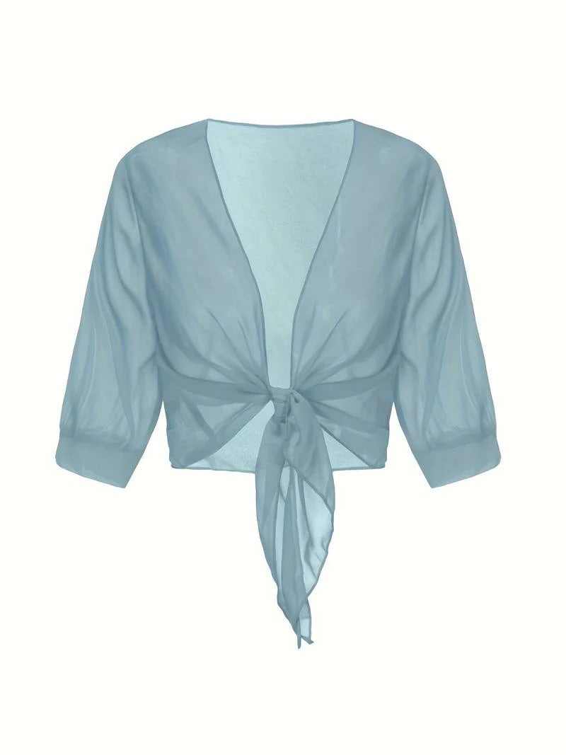 Anne | Women's Tie Front Sheer Blouse Open Front 3/4 Sleeve Top – Casual