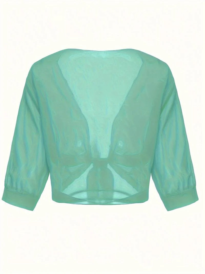 Anne | Women's Tie Front Sheer Blouse Open Front 3/4 Sleeve Top – Casual