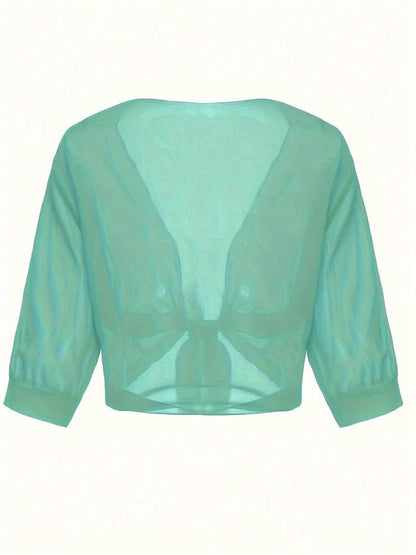 Anne | Women's Tie Front Sheer Blouse Open Front 3/4 Sleeve Top – Casual