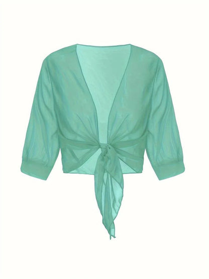 Anne | Women's Tie Front Sheer Blouse Open Front 3/4 Sleeve Top – Casual