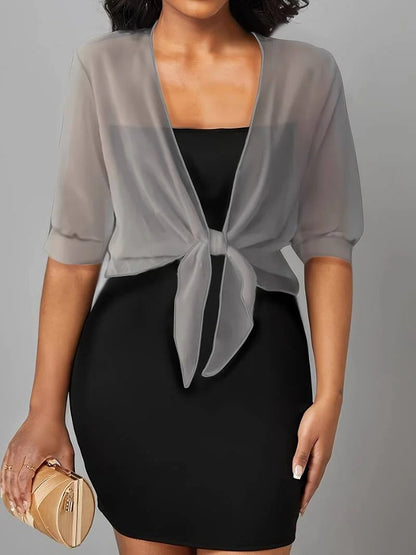 Anne | Women's Tie Front Sheer Blouse Open Front 3/4 Sleeve Top – Casual