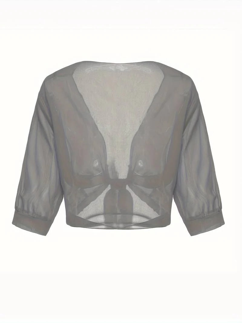 Anne | Women's Tie Front Sheer Blouse Open Front 3/4 Sleeve Top – Casual