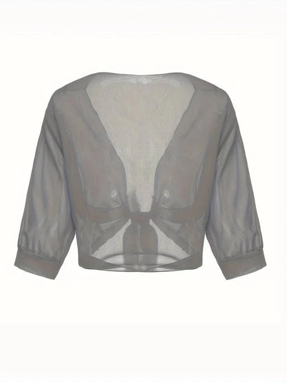 Anne | Women's Tie Front Sheer Blouse Open Front 3/4 Sleeve Top – Casual