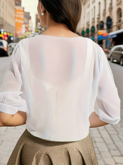 Anne | Women's Tie Front Sheer Blouse Open Front 3/4 Sleeve Top – Casual