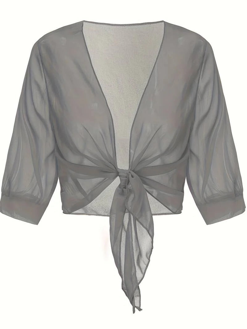 Anne | Women's Tie Front Sheer Blouse Open Front 3/4 Sleeve Top – Casual