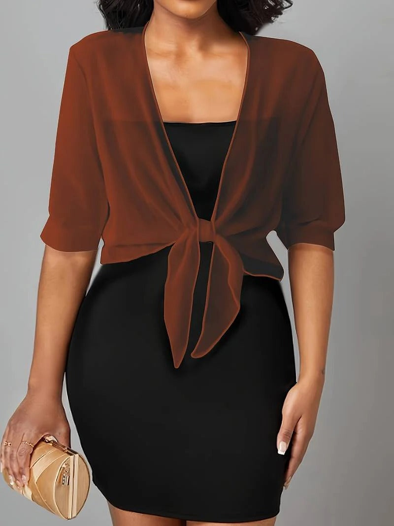Anne | Women's Tie Front Sheer Blouse Open Front 3/4 Sleeve Top – Casual