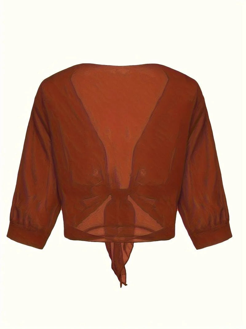 Anne | Women's Tie Front Sheer Blouse Open Front 3/4 Sleeve Top – Casual