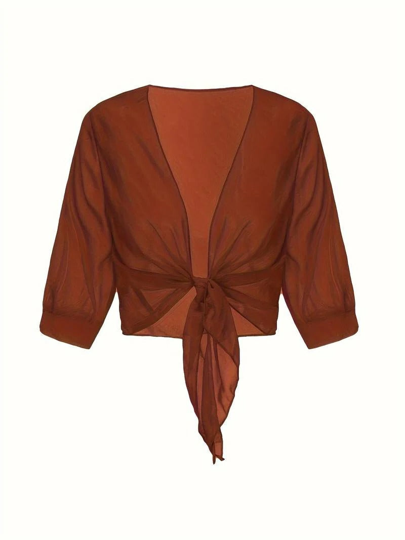 Anne | Women's Tie Front Sheer Blouse Open Front 3/4 Sleeve Top – Casual