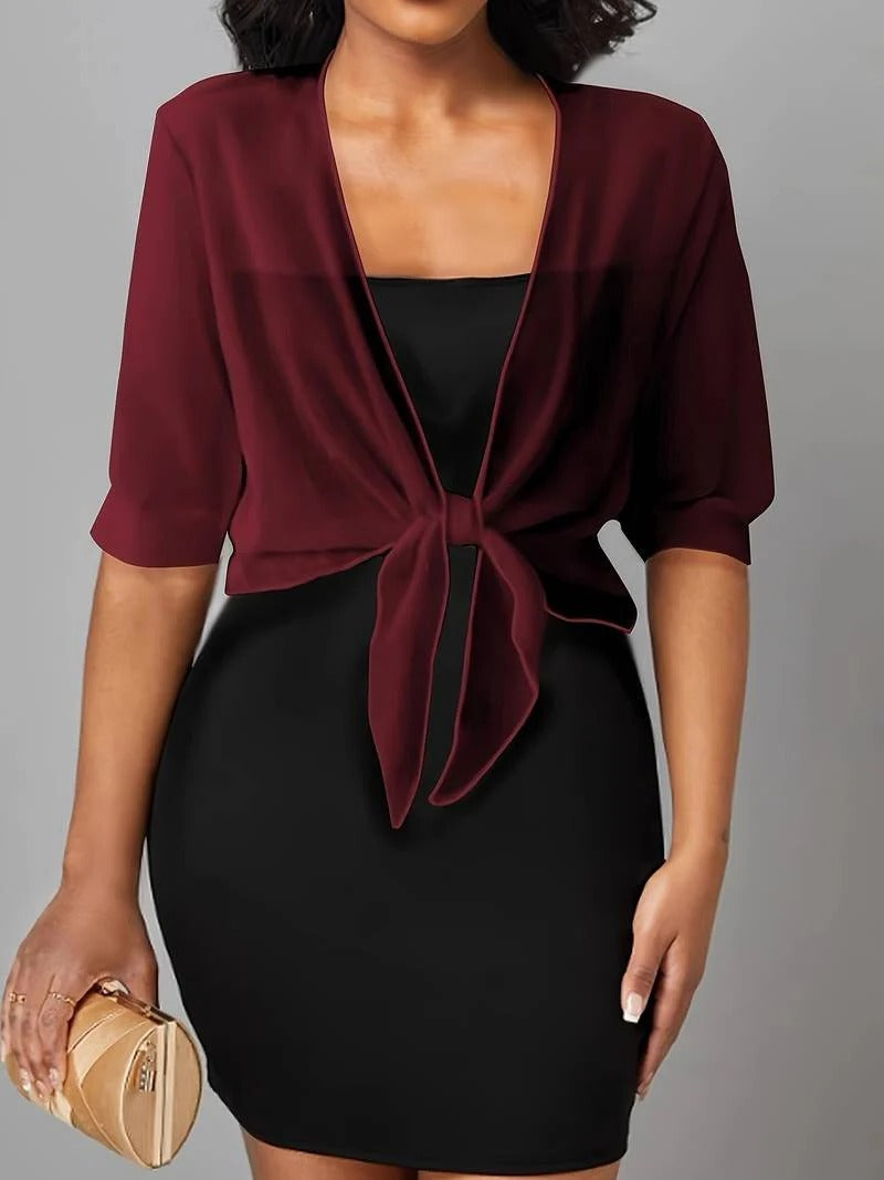 Anne | Women's Tie Front Sheer Blouse Open Front 3/4 Sleeve Top – Casual