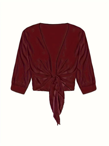 Anne | Women's Tie Front Sheer Blouse Open Front 3/4 Sleeve Top – Casual
