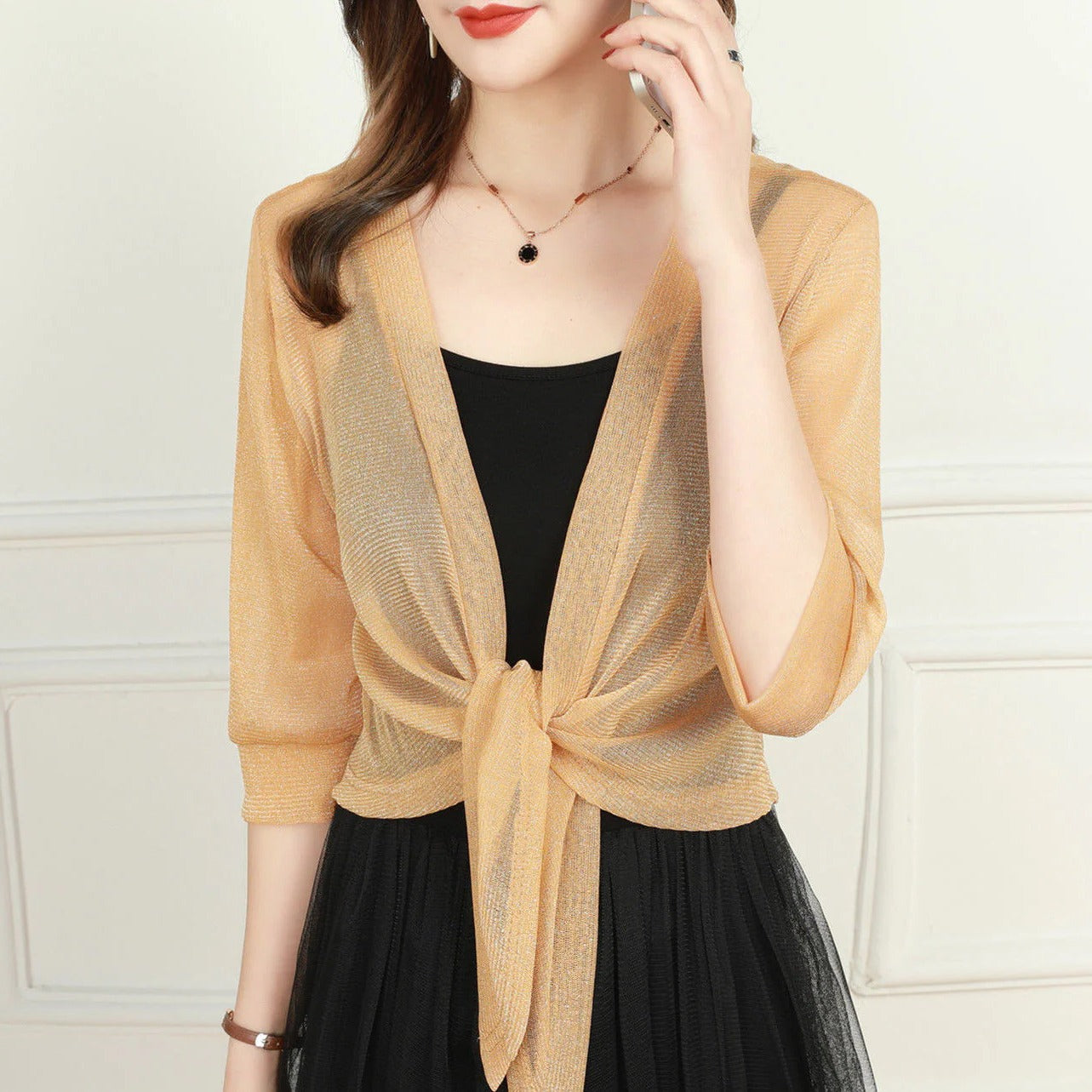 Anne | Women's Tie Front Sheer Blouse Open Front 3/4 Sleeve Top – Casual