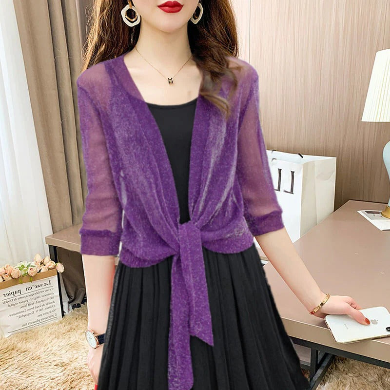 Anne | Women's Tie Front Sheer Blouse Open Front 3/4 Sleeve Top – Casual