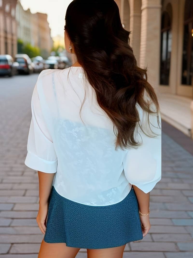 Anne | Women's Tie Front Sheer Blouse Open Front 3/4 Sleeve Top – Casual