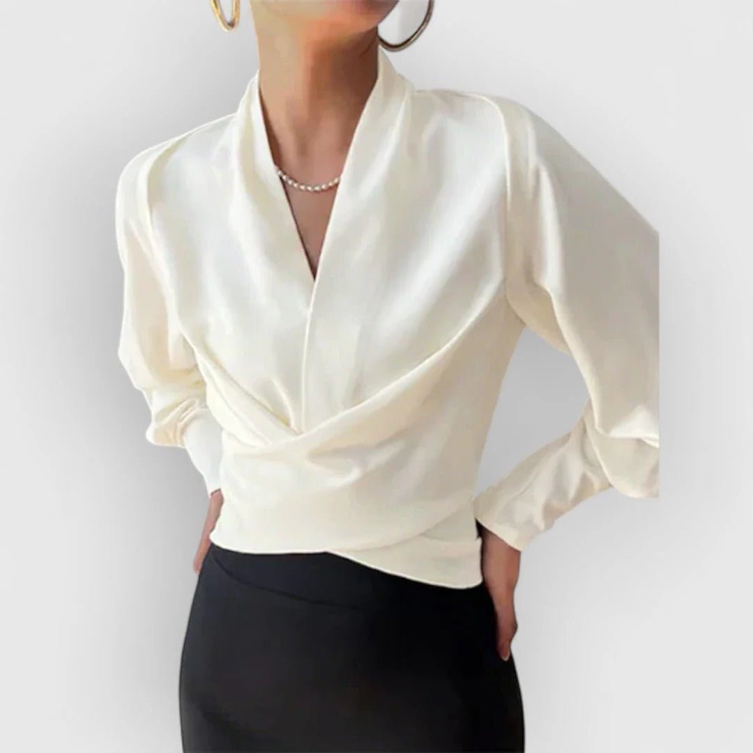 Lori | Women's Satin Wrap Blouse V-Neck Long Sleeve Crossover Top – Wrap Style, V-Neck