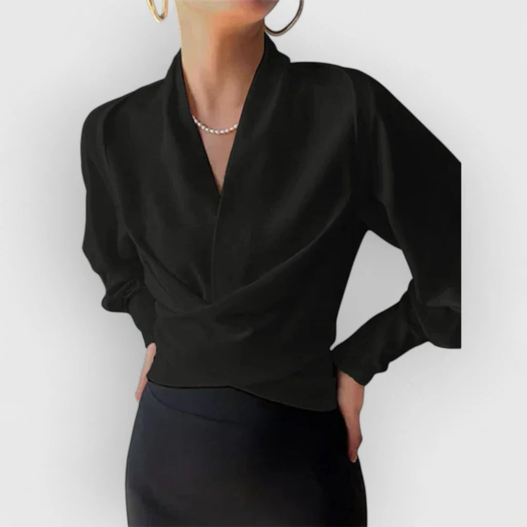Lori | Women's Satin Wrap Blouse V-Neck Long Sleeve Crossover Top – Wrap Style, V-Neck