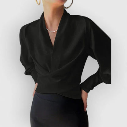 Lori | Women's Satin Wrap Blouse V-Neck Long Sleeve Crossover Top – Wrap Style, V-Neck
