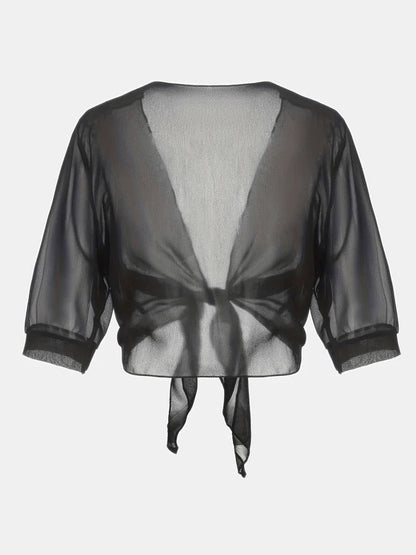 Anne | Women's Tie Front Sheer Blouse Open Front 3/4 Sleeve Top – Casual
