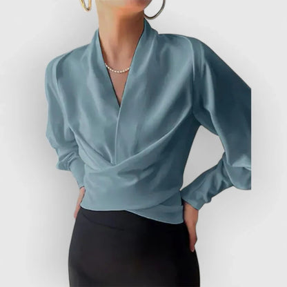 Lori | Women's Satin Wrap Blouse V-Neck Long Sleeve Crossover Top – Wrap Style, V-Neck