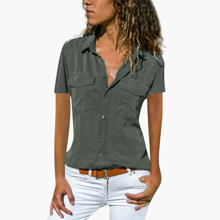 Clarisse | Women's Short Sleeve Button-Down Shirt Collar Blouse Top – Short Sleeve, Casual