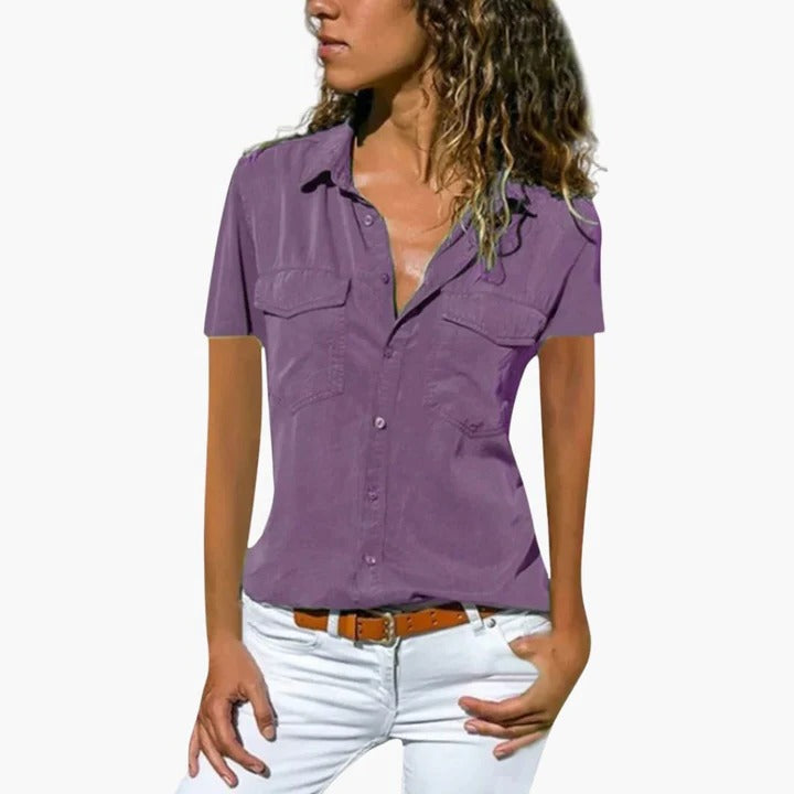 Clarisse | Women's Short Sleeve Button-Down Shirt Collar Blouse Top – Short Sleeve, Casual