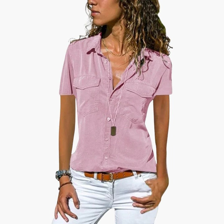 Clarisse | Women's Short Sleeve Button-Down Shirt Collar Blouse Top – Short Sleeve, Casual