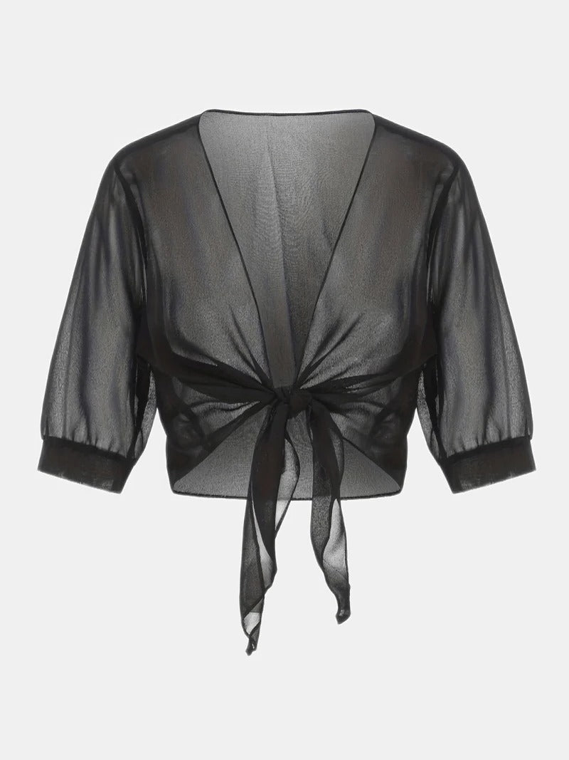 Anne | Women's Tie Front Sheer Blouse Open Front 3/4 Sleeve Top – Casual