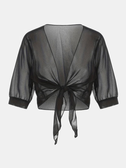 Anne | Women's Tie Front Sheer Blouse Open Front 3/4 Sleeve Top – Casual