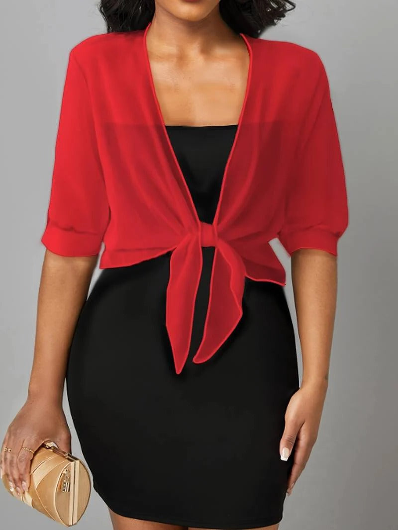 Anne | Women's Tie Front Sheer Blouse Open Front 3/4 Sleeve Top – Casual