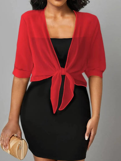 Anne | Women's Tie Front Sheer Blouse Open Front 3/4 Sleeve Top – Casual